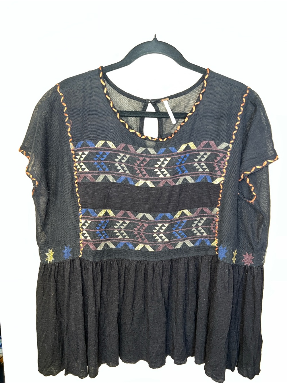 Free People Black Boho Embroidered Peasant Tunic with Multicolor Accents
